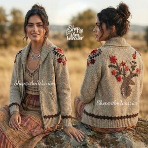 Embroidered floral deer Nepal hand-knit chunky cardigan sweater *shop@iamwarrior